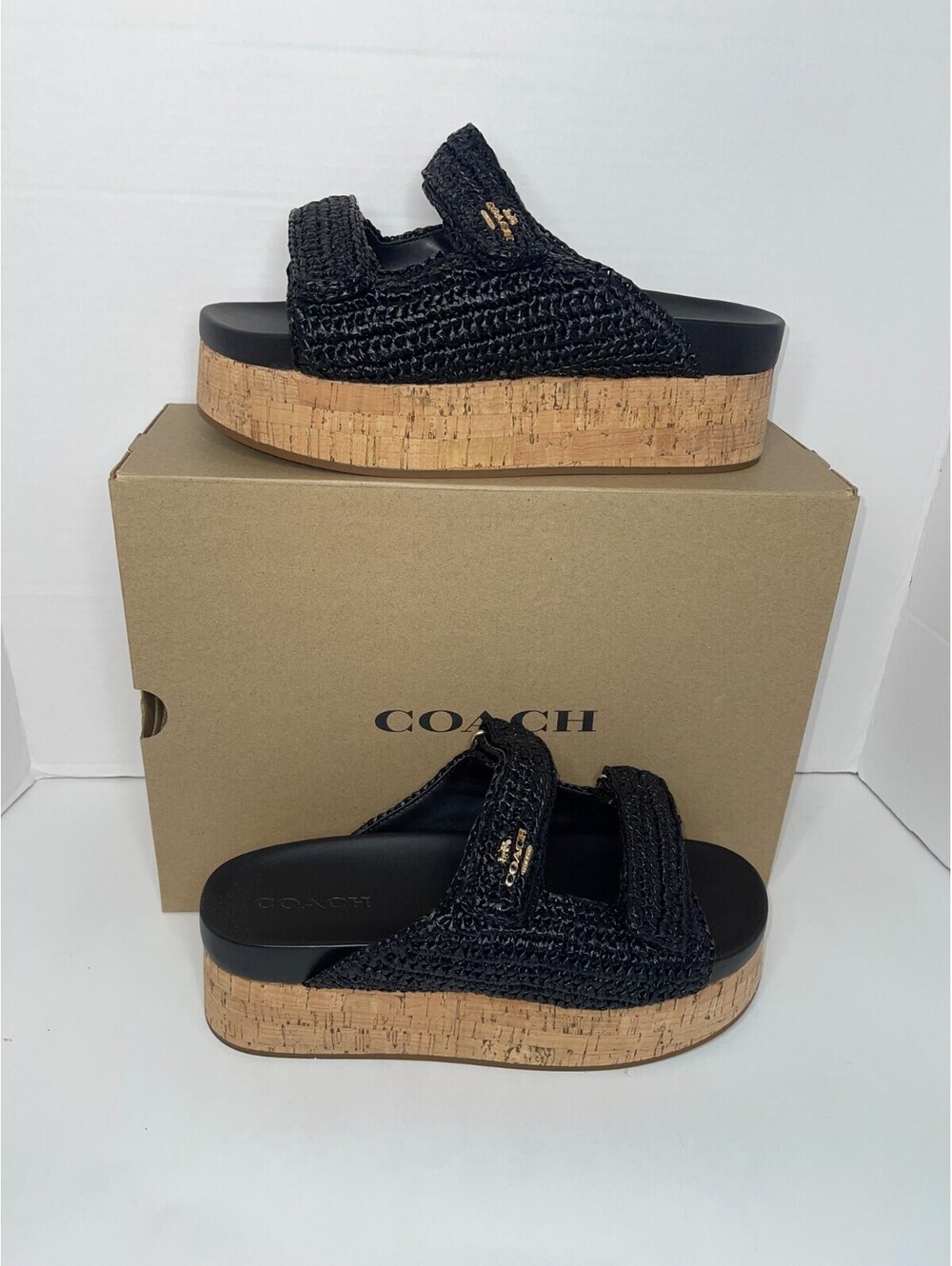 Women’s Coach Two Band Raffia Platform Sandals – Black | Size 11 B